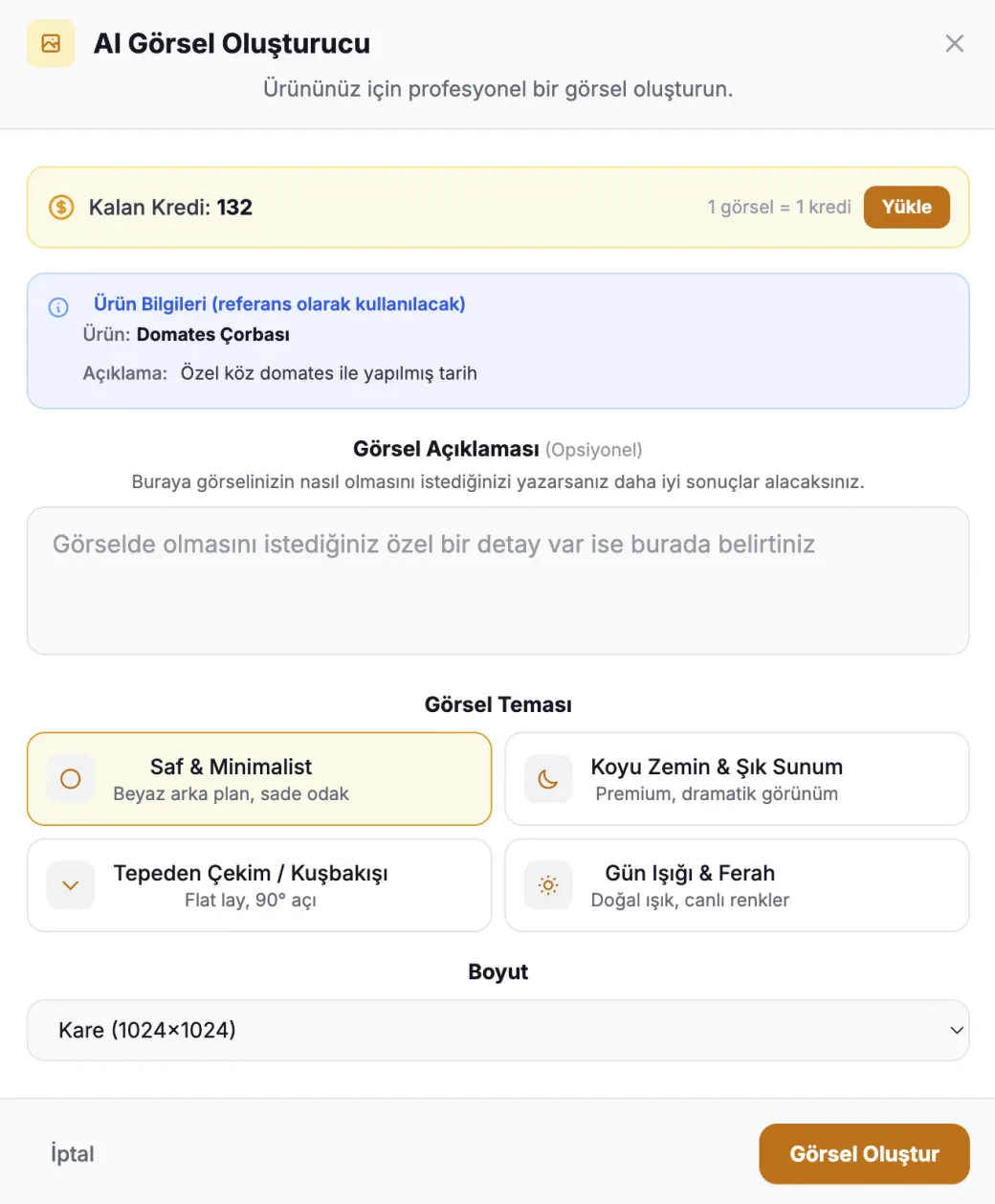 Yapay Zeka Ürün Görseli — ProMenu panel ekran görüntüsü
