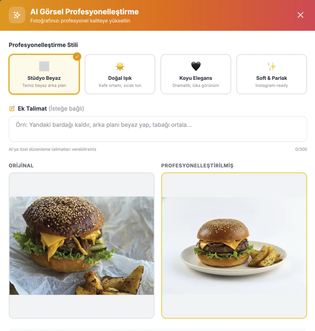 Yapay Zeka Görsel Profesyonelleştirme — ProMenu panel ekran görüntüsü