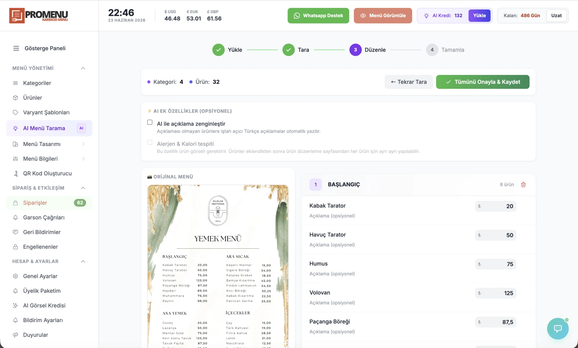 AI Menü Tarama — ProMenu panel ekran görüntüsü