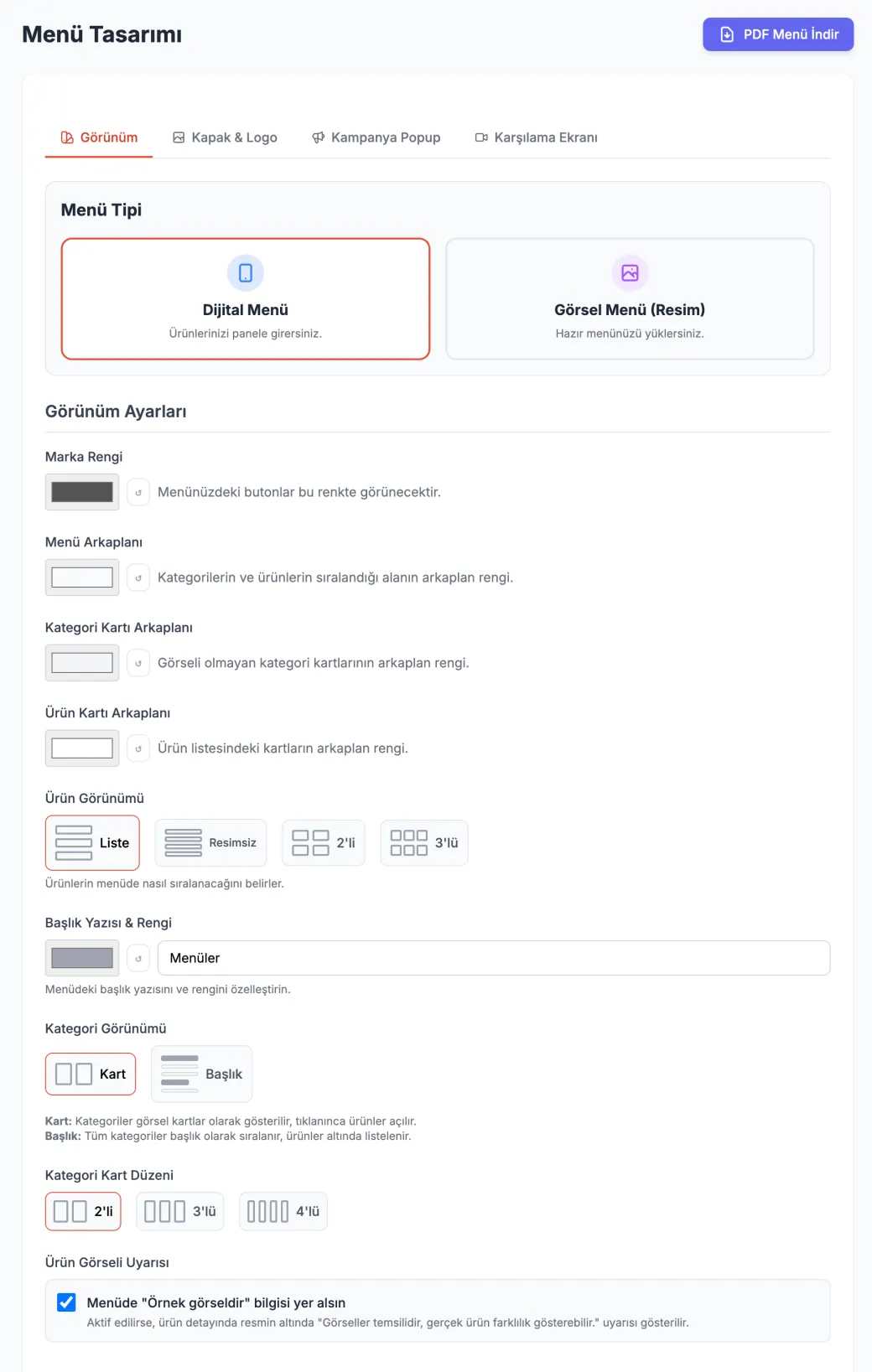 Tam Renk Özelleştirmesi — ProMenu panel ekran görüntüsü