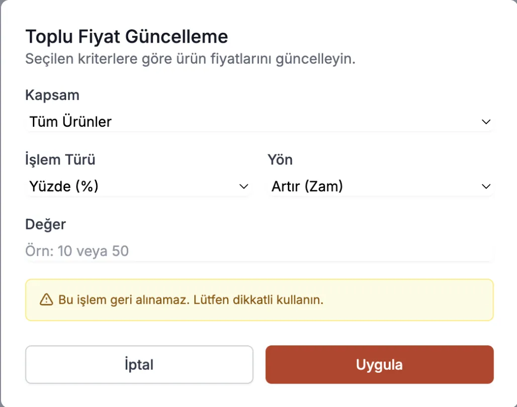 Toplu Fiyat Güncelleme — ProMenu panel ekran görüntüsü