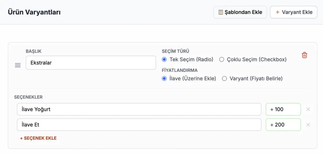 Detaylı Ürün Varyantları — ProMenu panel ekran görüntüsü